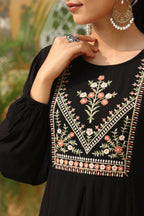 Juniper Women's Black Rayon Crepe Solid With Embroidery Straight Tunic | Grocsy