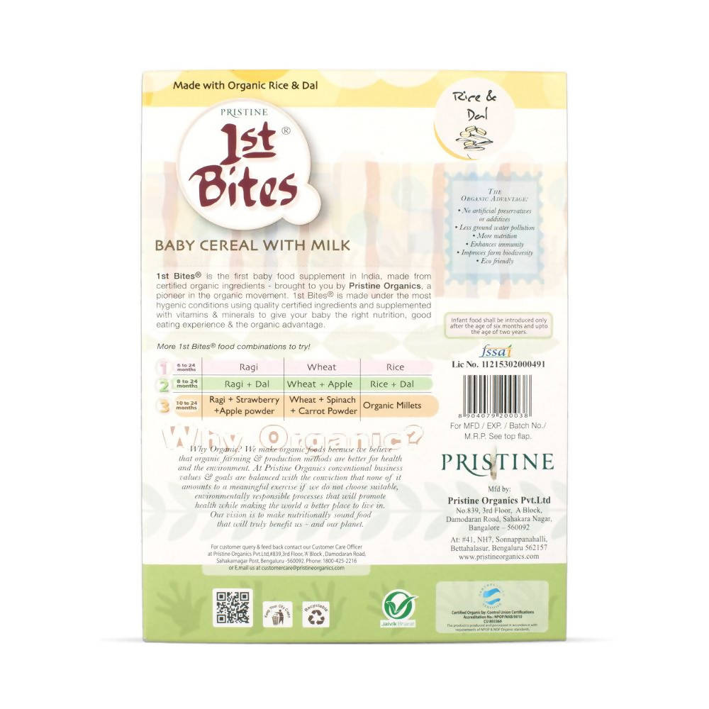 Pristine 1st Bites Baby Cereal Stage-2 Organic Rice & Dal | Grocsy