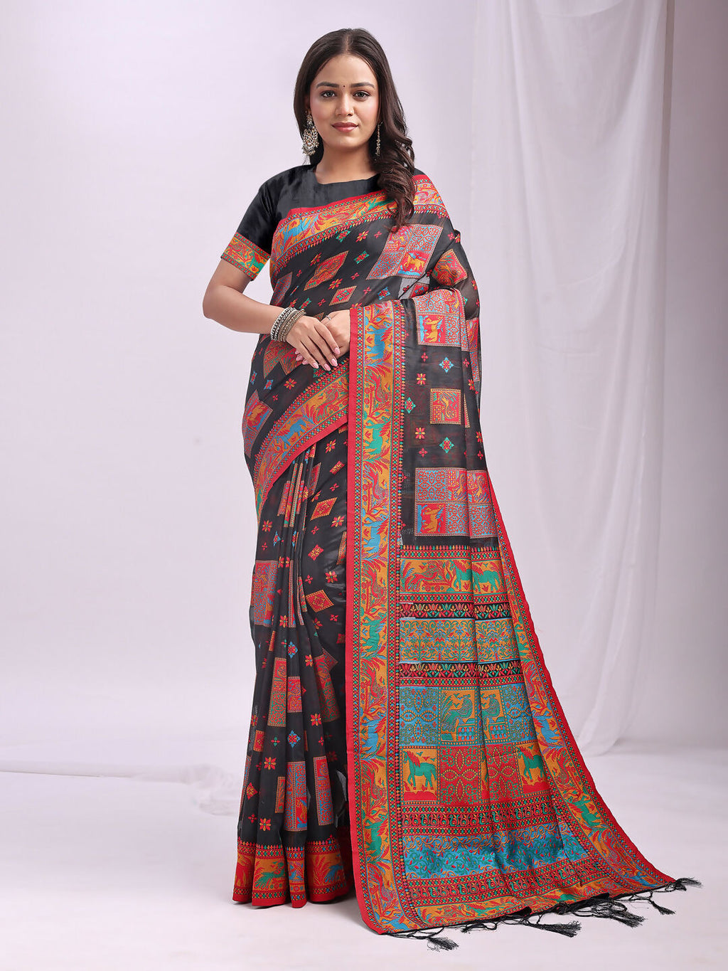 Shree Shyam Fashion Vastraloom Black Linen Cotton Saree | Grocsy