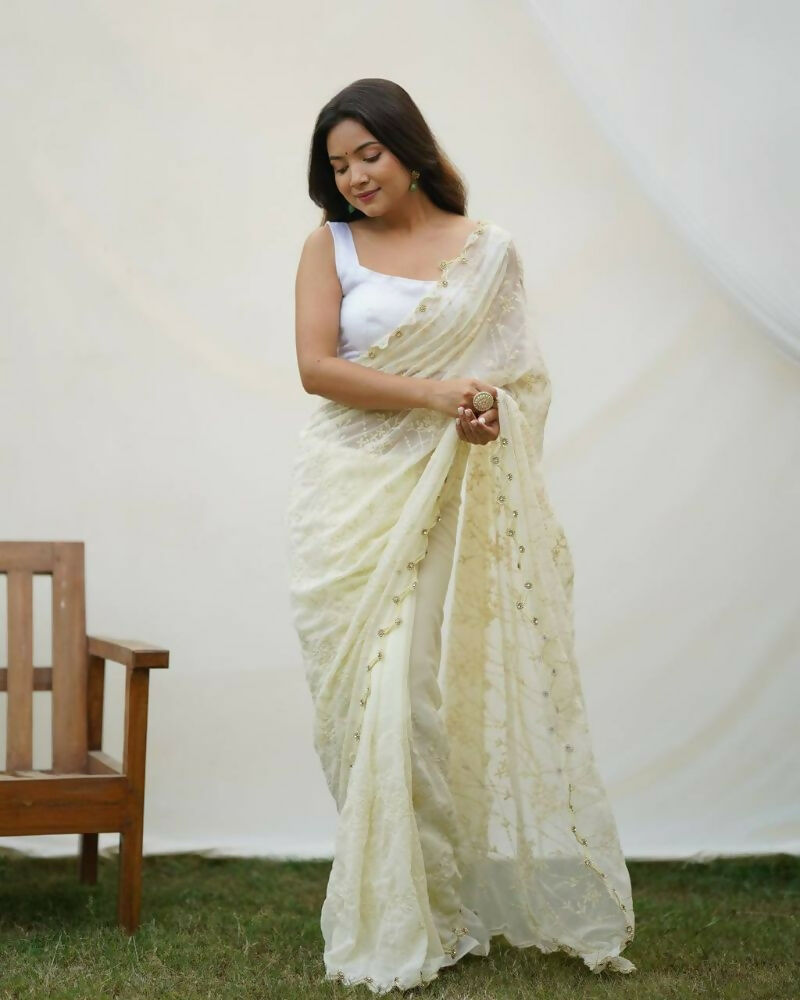 Vamsee Kimora White Georgette Saree | Grocsy