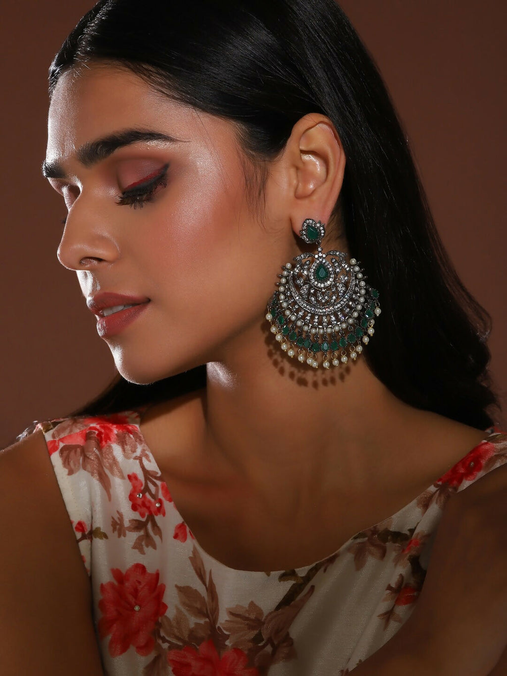 Green & Silver Diamond Chand Earrings- Ruby Raang