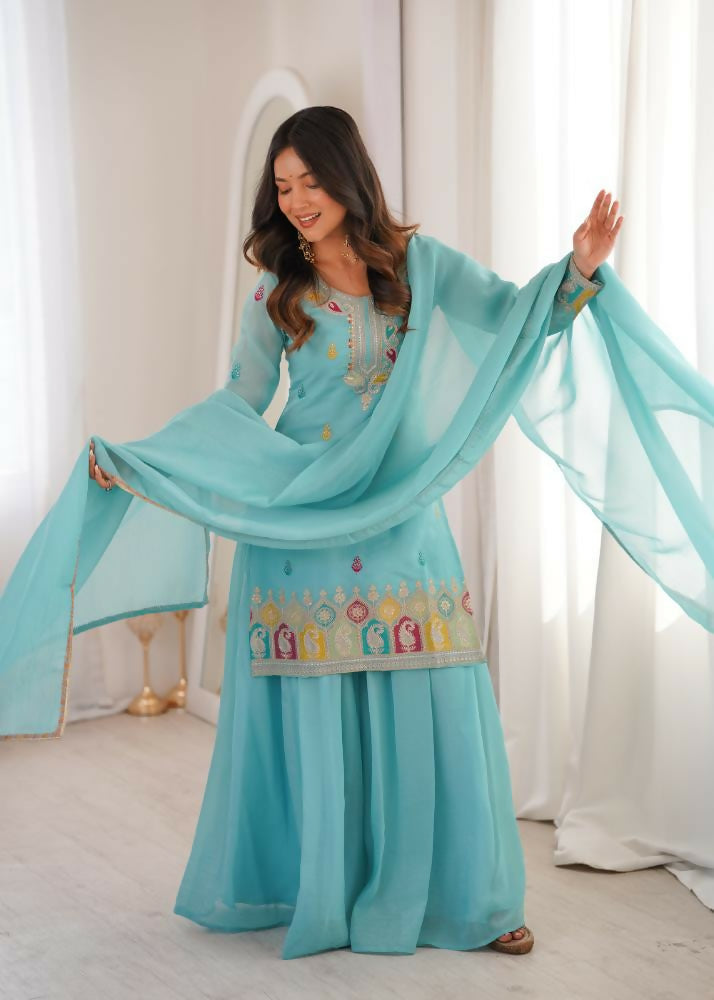 Lehenga Mart Designer Sharara Suit With Kurta, Sharara, Dupatta For Women-Sky Blue | Grocsy