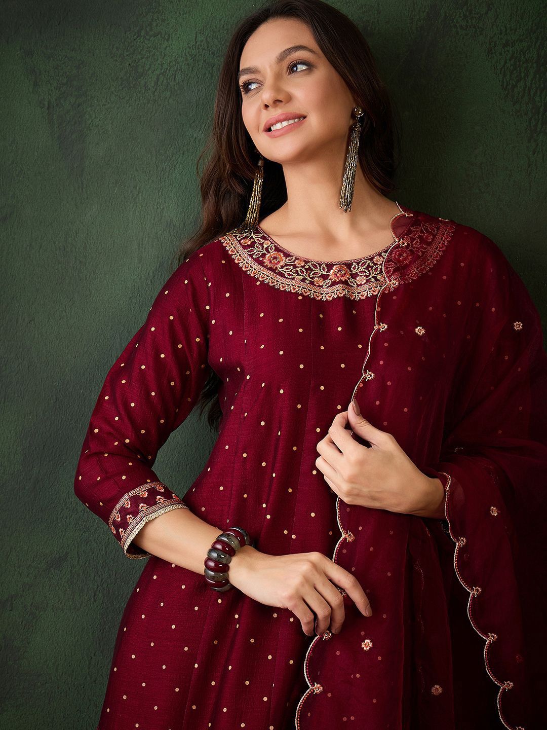 Sangria Geometric Printed Zari & Sequinned A-Line Kurta & Palazzo With Dupatta | Grocsy