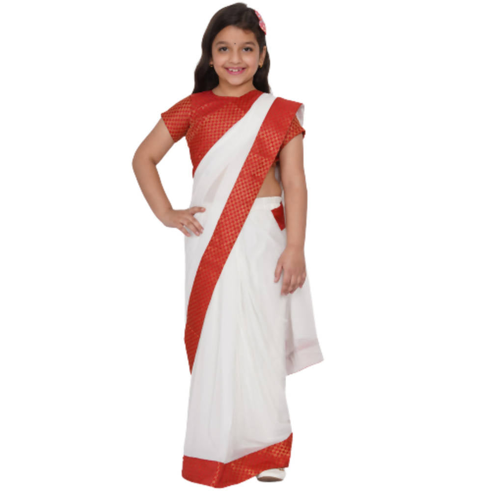 Little Bansi Girls Red And White Color Bengali Saree With Floral Brocade Blouse | Grocsy