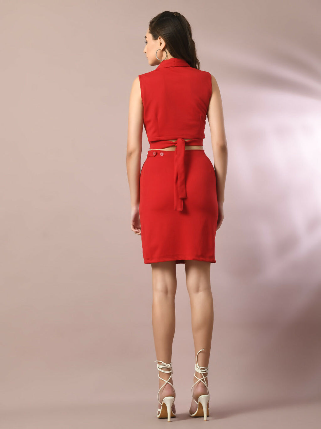 Myshka Women's Red Solid Shawl Neck Party Top With Skirt Co-ord set | Grocsy
