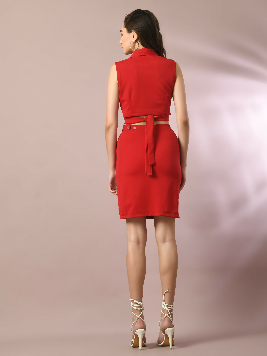 Myshka Women's Red Solid Shawl Neck Party Top With Skirt Co-ord set | Grocsy