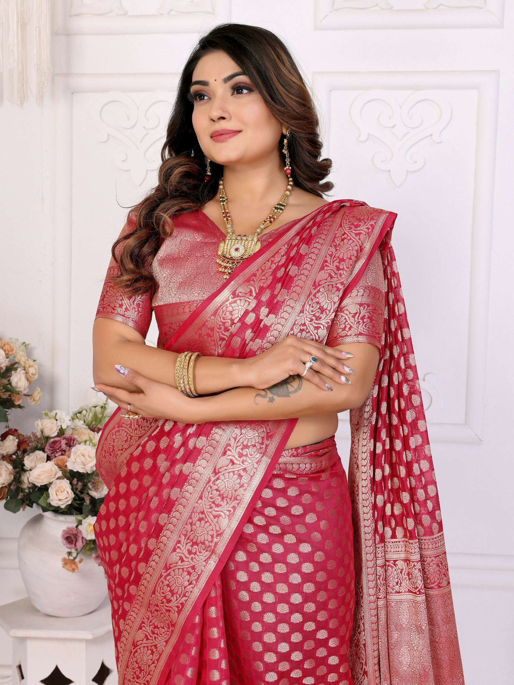 Aastha Fashion Magenta Organza Silk Weaving Saree | Grocsy