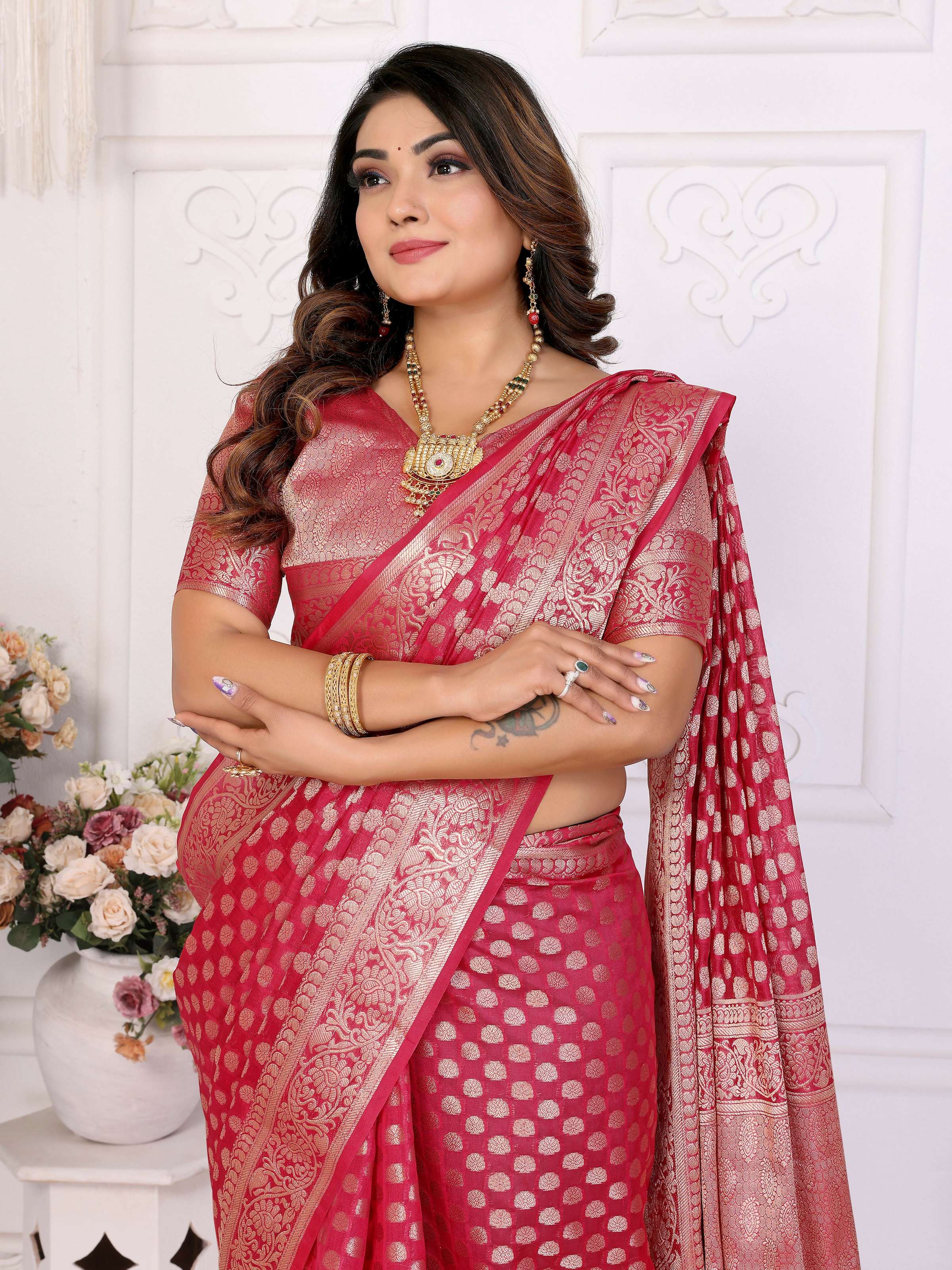 Aastha Fashion Magenta Organza Silk Weaving Saree | Grocsy