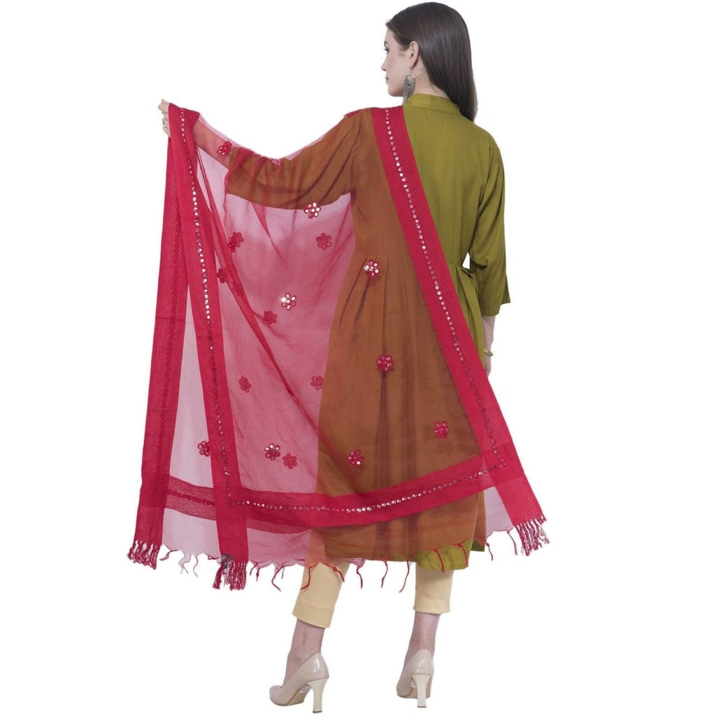 A R Silk Women's Mirror Work Orgenza Cotton Red Dupattas and Chunnis | Grocsy