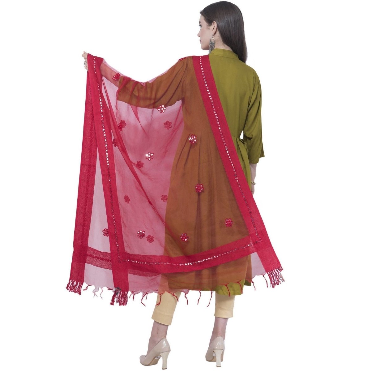 A R Silk Women's Mirror Work Orgenza Cotton Red Dupattas and Chunnis | Grocsy