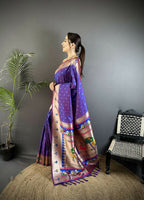 Joban Fashion Purple Peacock & Floral Motifs Soft Lichi Silk Kanchipuram Saree | Grocsy