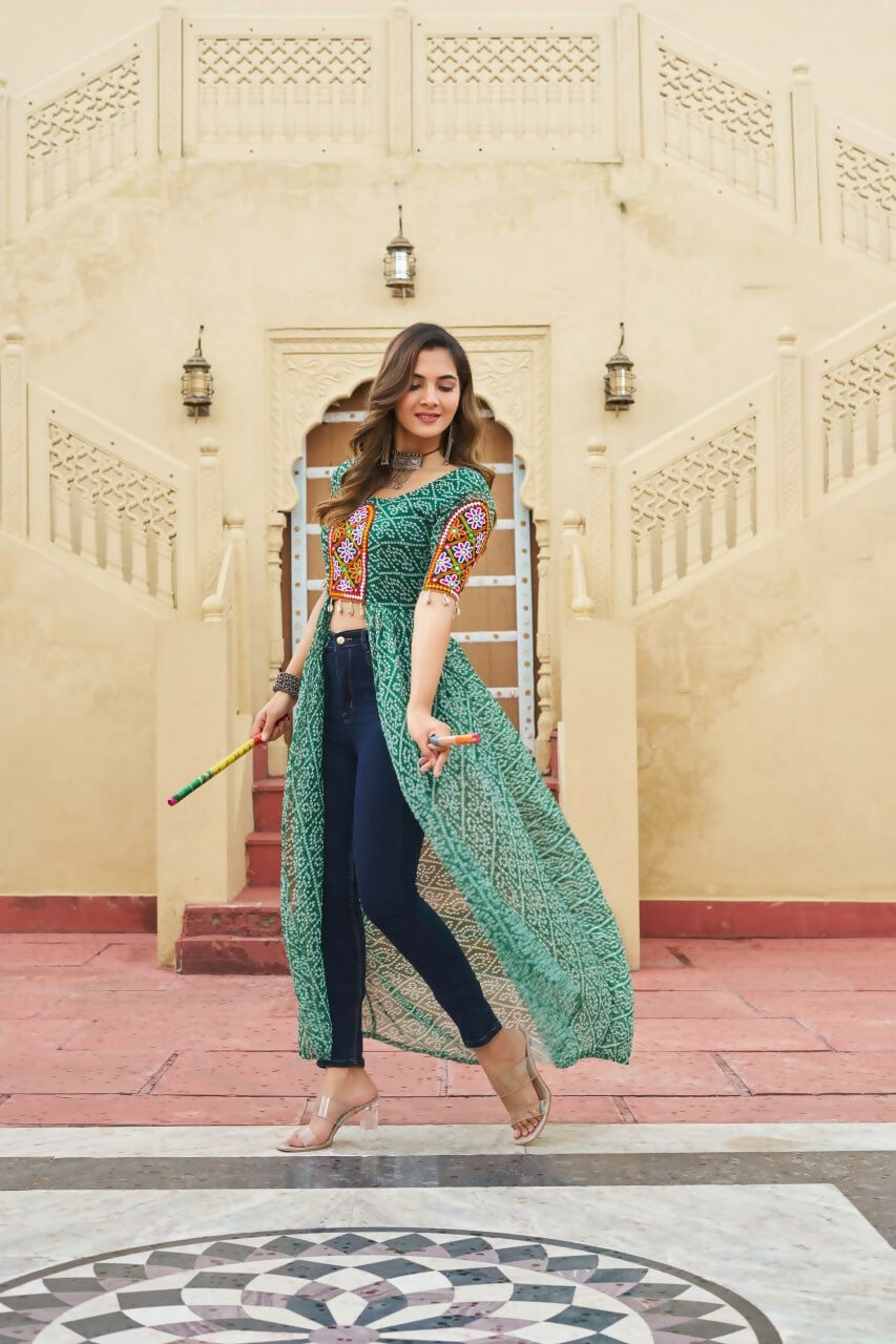 Vastranavya Green Navratri Special Kutchi Patch Work with Bandhani Printed Faux Georgette Kurti | Grocsy