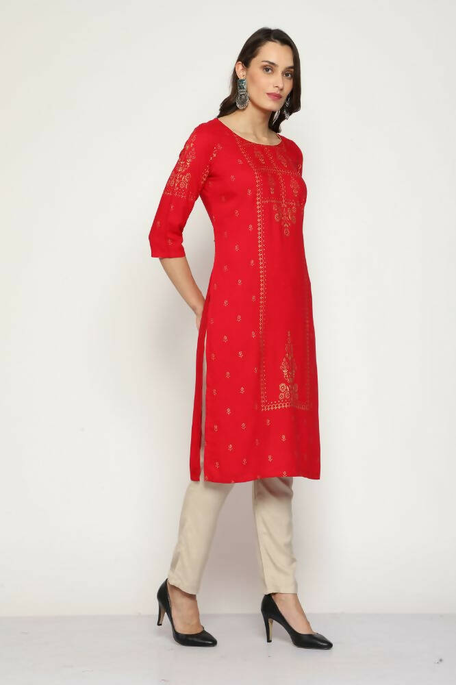 Maai Rayon Hand Printed Kurta Red | Grocsy