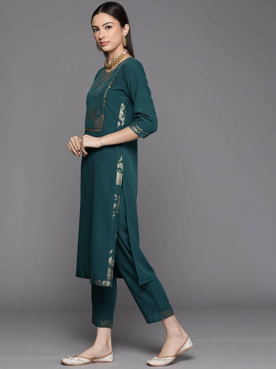 Ahalyaa Womens Dark Green Crepe Smoke Printed Kurta Pant Set With Dupatta | Grocsy