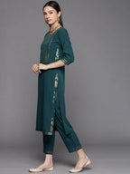 Ahalyaa Womens Dark Green Crepe Smoke Printed Kurta Pant Set With Dupatta | Grocsy