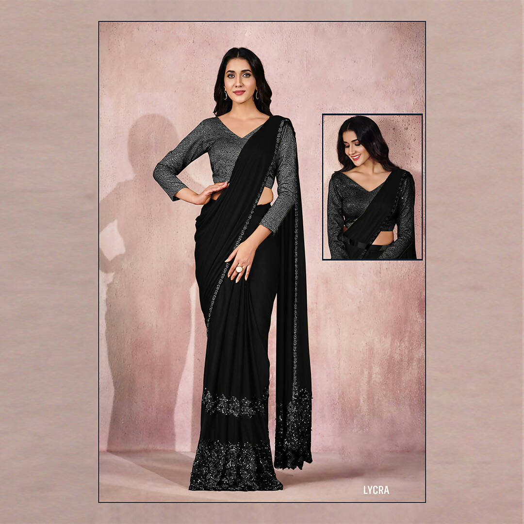 Black Lycra Embroidery Designer Saree With Blouse - Mohmanthan Sitaarah | Grocsy