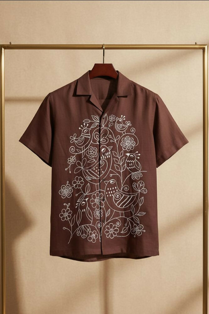 Botan — Brown Embroidered Cotton Shirt by Hilo Design | Grocsy