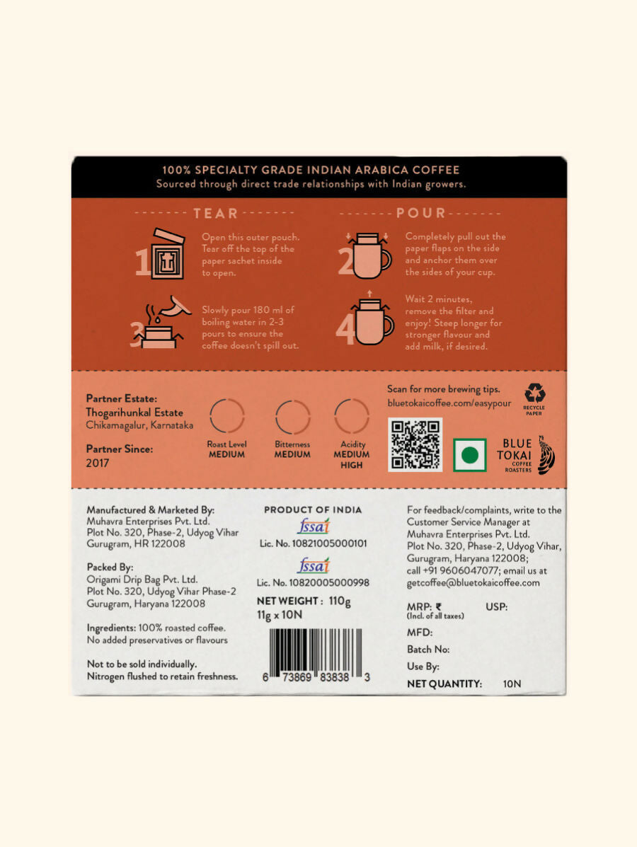 Blue Tokai Thogarihunkal Estate Medium Roast Easy Pour Sachets | Grocsy