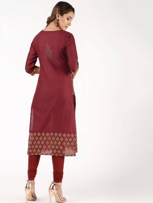 Aniyah Cotton Block Printed Maroon Straight Kurta (AN-141K) | Grocsy