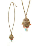 Bling Accessories Antique Brass Finish Metal Long Necklace with Coral & Turquoise Natural Stone | Grocsy