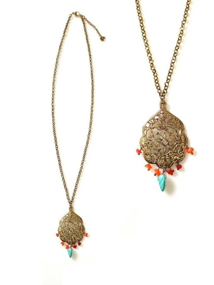 Bling Accessories Antique Brass Finish Metal Long Necklace with Coral & Turquoise Natural Stone | Grocsy
