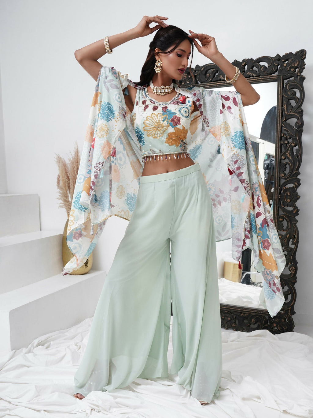 Sea Green Digital Chinon Handwork Top with Palazzo & Shrug - Naomika | Grocsy