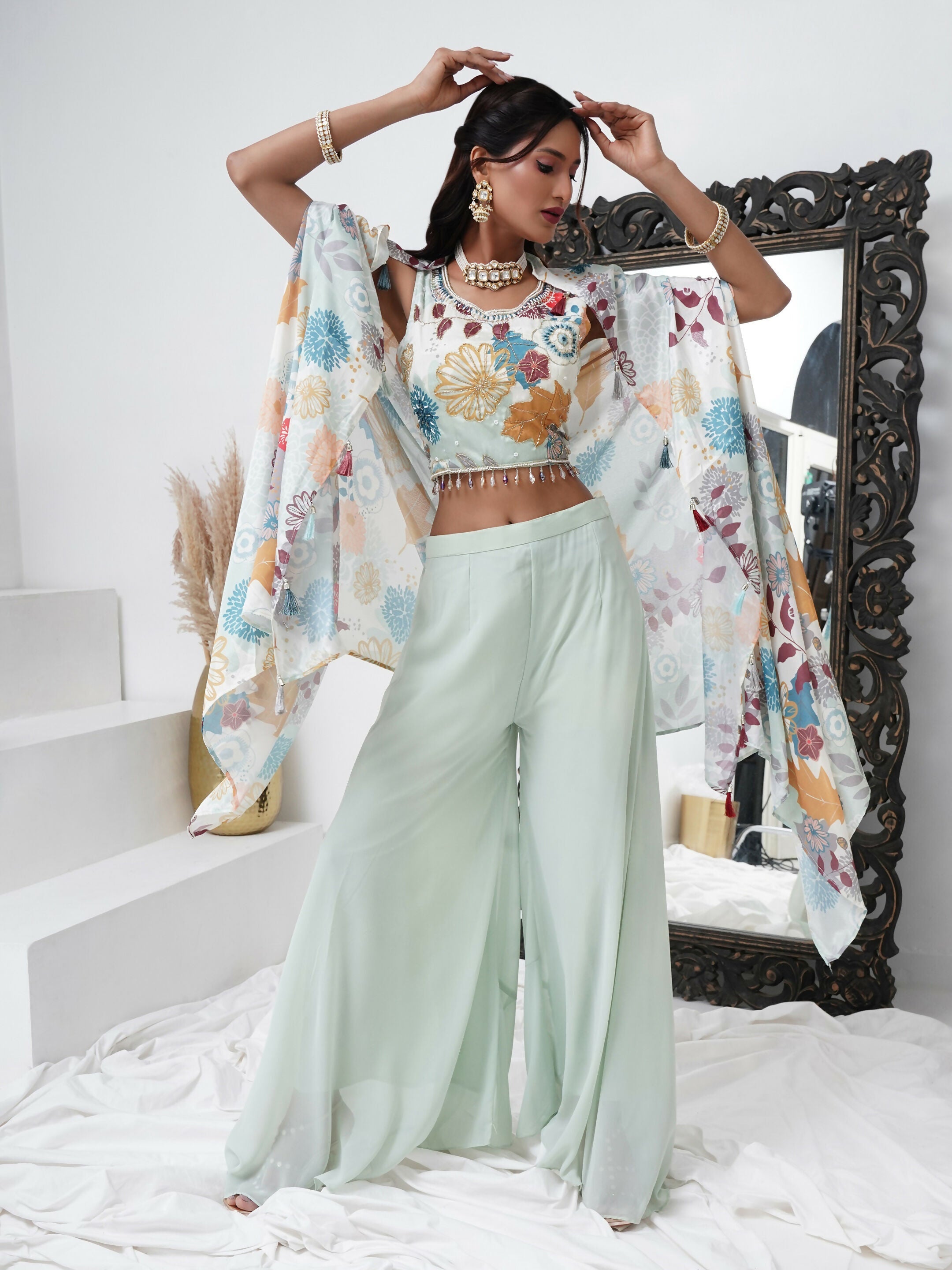 Sea Green Digital Chinon Handwork Top with Palazzo & Shrug - Naomika | Grocsy
