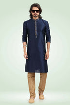 Raivat Ethnic Jacquard Banarasi Silk Pintux Work Kurta Pajama In Blue Colour | Grocsy