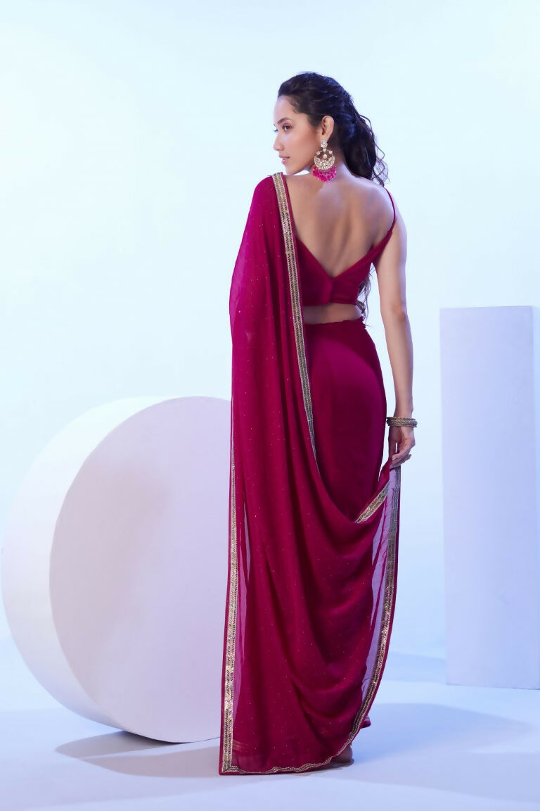 Pink Satin Moss Solid Designer & Lace Work Saree - Samaa | Grocsy