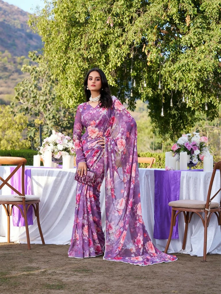 Vastranavya Onion Weightless Marble Printed & Pearl Lace Border Saree with Unstitched Blouse | Grocsy