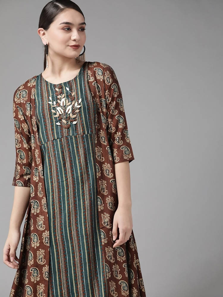 Yufta Teal Green & Coffee Brown Striped Yoke Embroidered Midi A-Line Dress & Ethnic Jacket | Grocsy