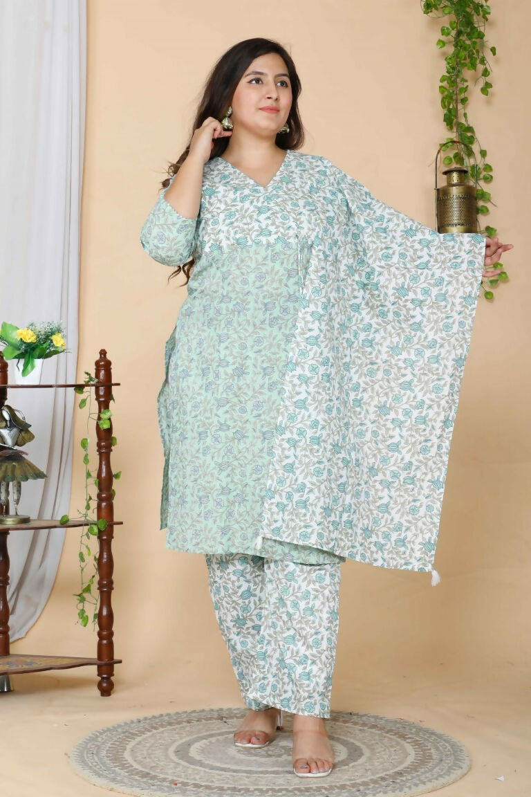 Miravan Women's Plus Size Floral Printed Straight Kurta And Palazzo With Dupatta Set | Grocsy