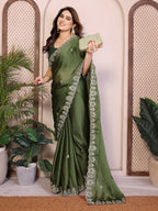 Teeya Creation New Trendy Party Wear Soft Satin Chiffon Saree-Green | Grocsy