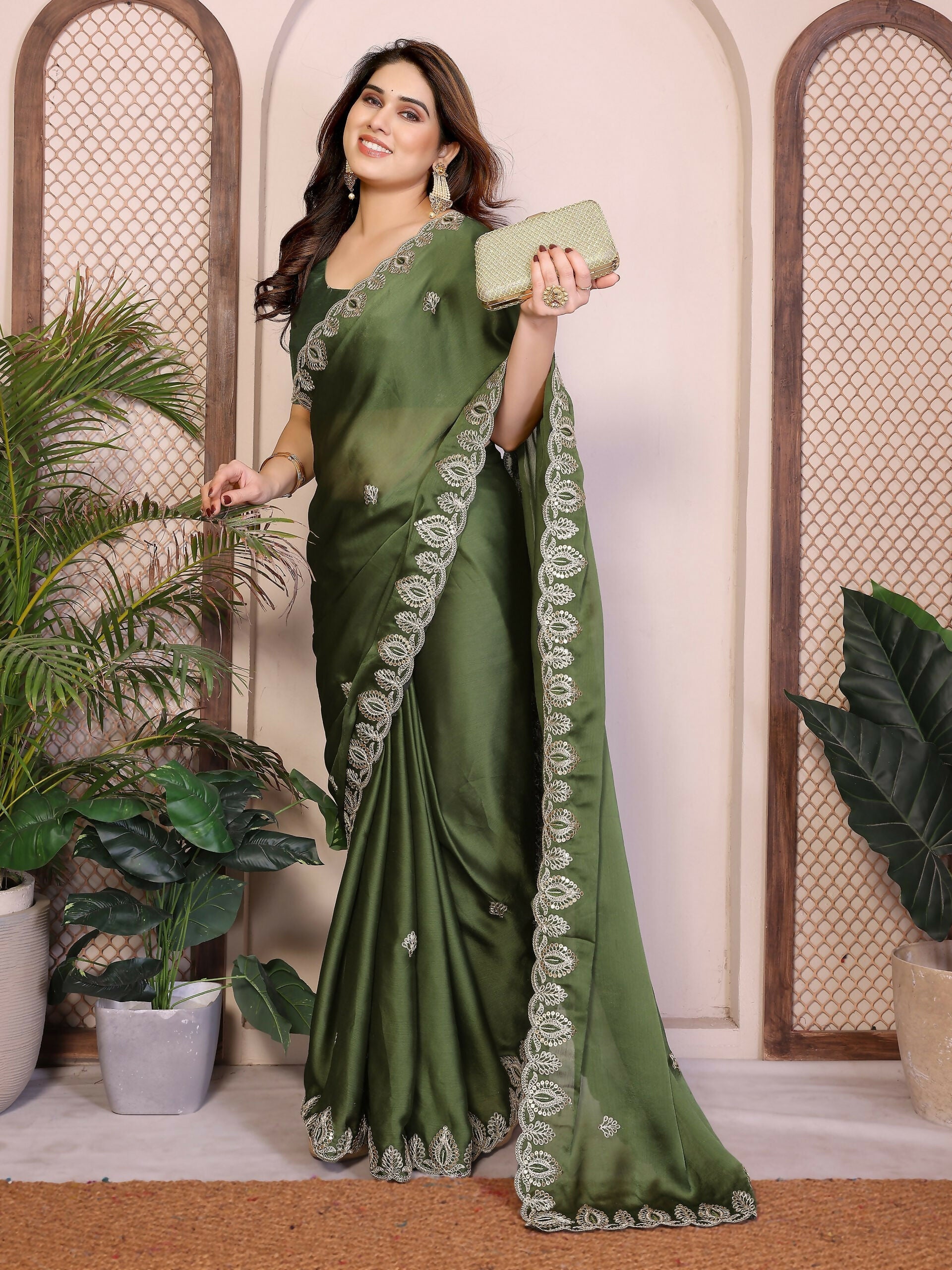 Teeya Creation New Trendy Party Wear Soft Satin Chiffon Saree-Green | Grocsy