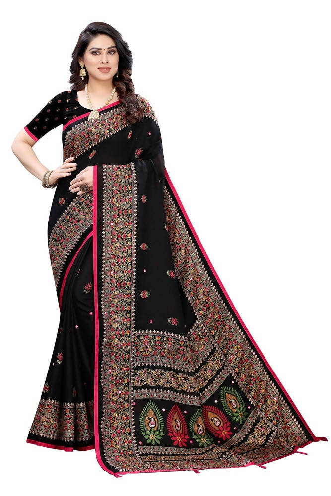 Vamika Black Jute Silk Mirror Work Saree | Grocsy