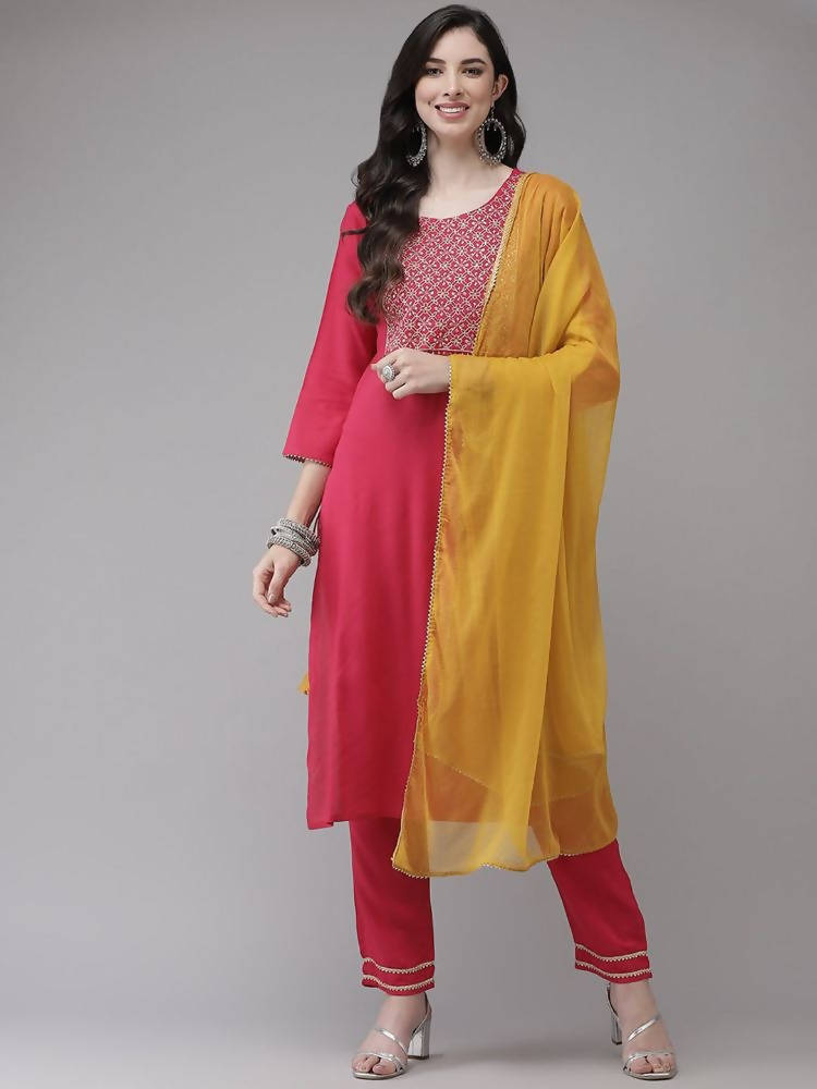 Yufta Women Pink Solid Kurta with Trouser & With Dupatta | Grocsy