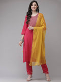 Yufta Women Pink Solid Kurta with Trouser & With Dupatta | Grocsy