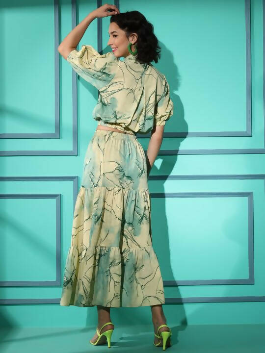 Green Rayon Tie dye Printed Top with Matching Skirt - Shivani | Grocsy