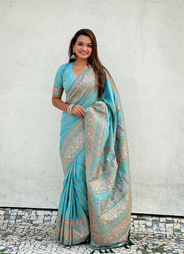 Blue Pashmina Silk Wevon Kashmiri Meenakari Designer Saree with Unstitched Blouse - Vandini | Grocsy