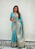 Blue Pashmina Silk Wevon Kashmiri Meenakari Designer Saree with Unstitched Blouse - Vandini | Grocsy