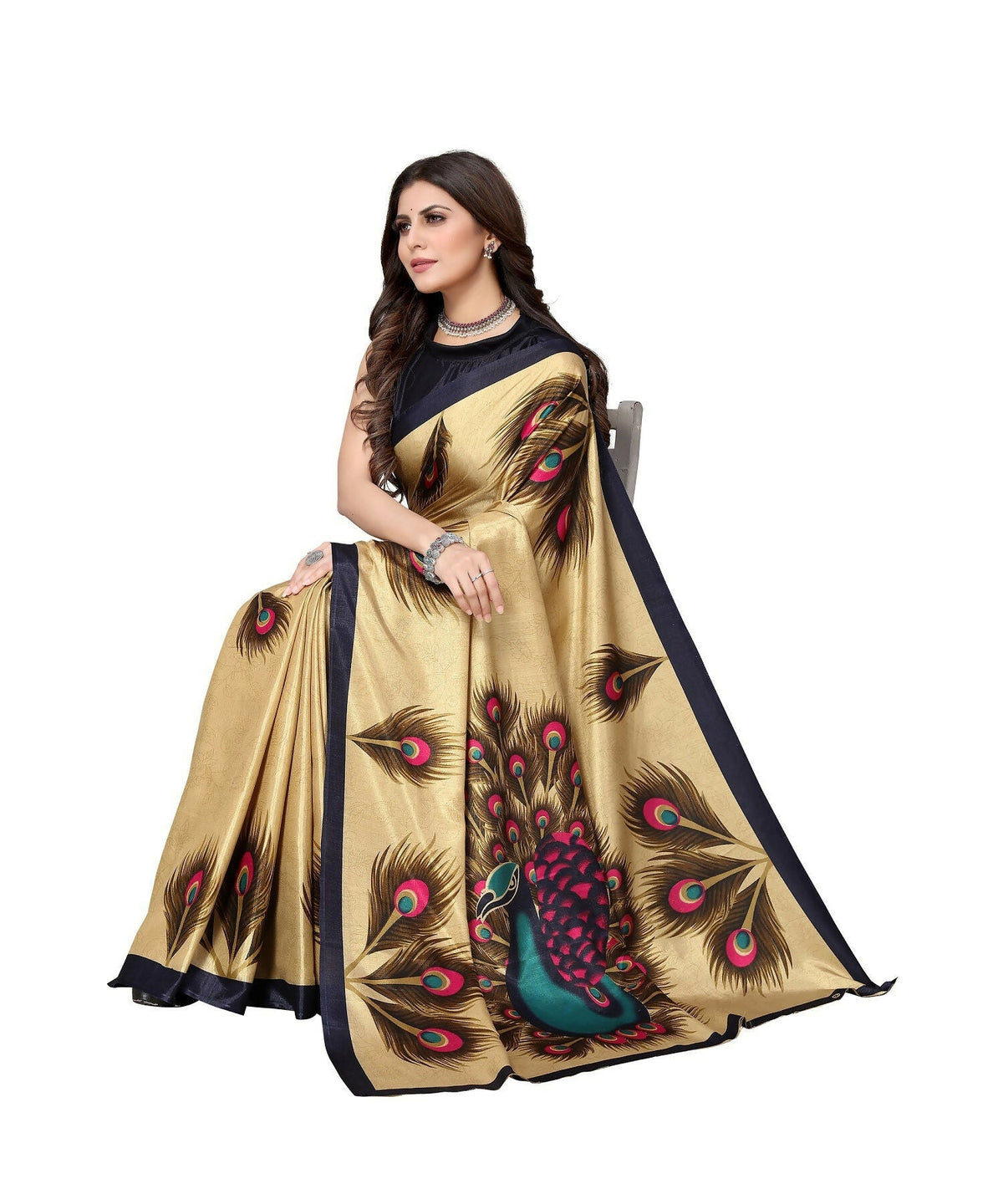 Vamika Golden Cream Printed Art Silk Saree | Grocsy