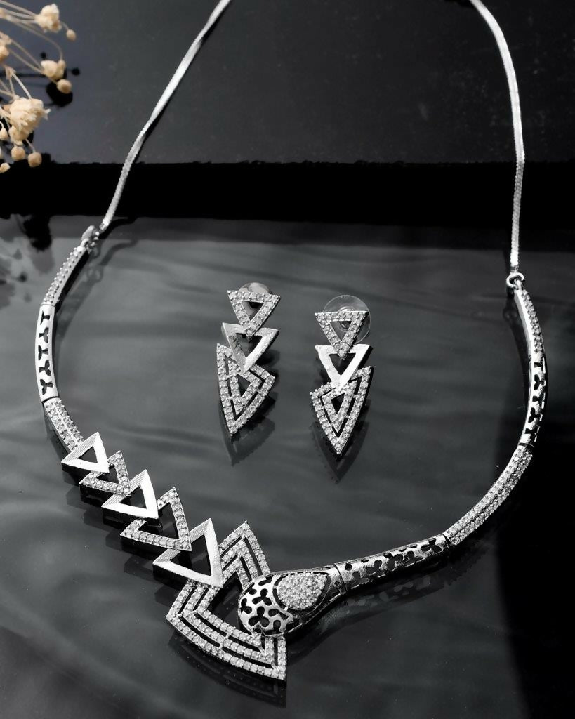 VOJ Silver Plated AD Studded Designer Handcrafted Jewellery Set | Grocsy