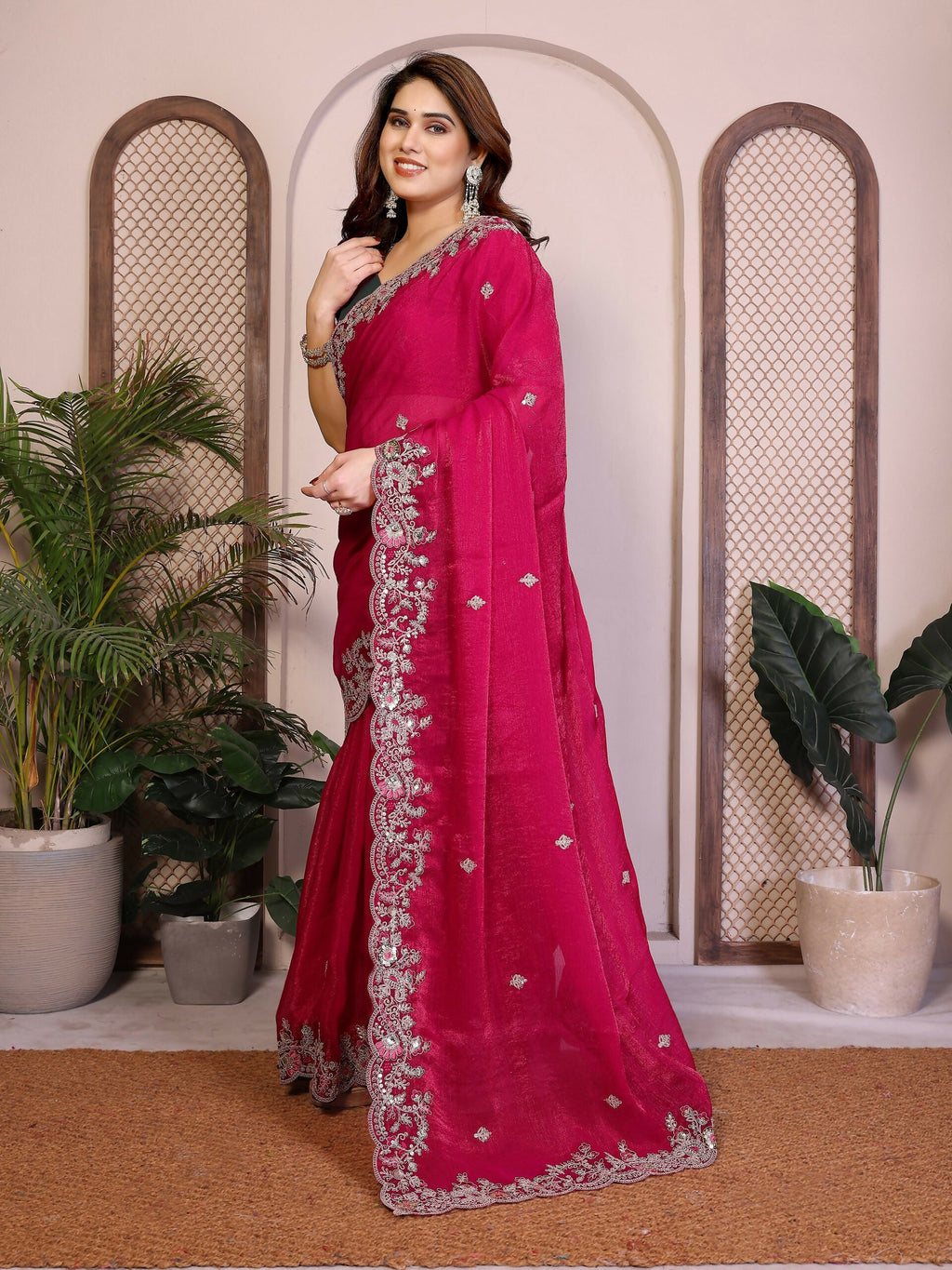 Teeya Creation New Womens Latest Party Wear Soft Chiffon Silk Saree-Pink | Grocsy
