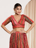 Joban Fashion Maroon Multi Brocade Padded Blouse With V Neck Elbow Sleeves | Grocsy