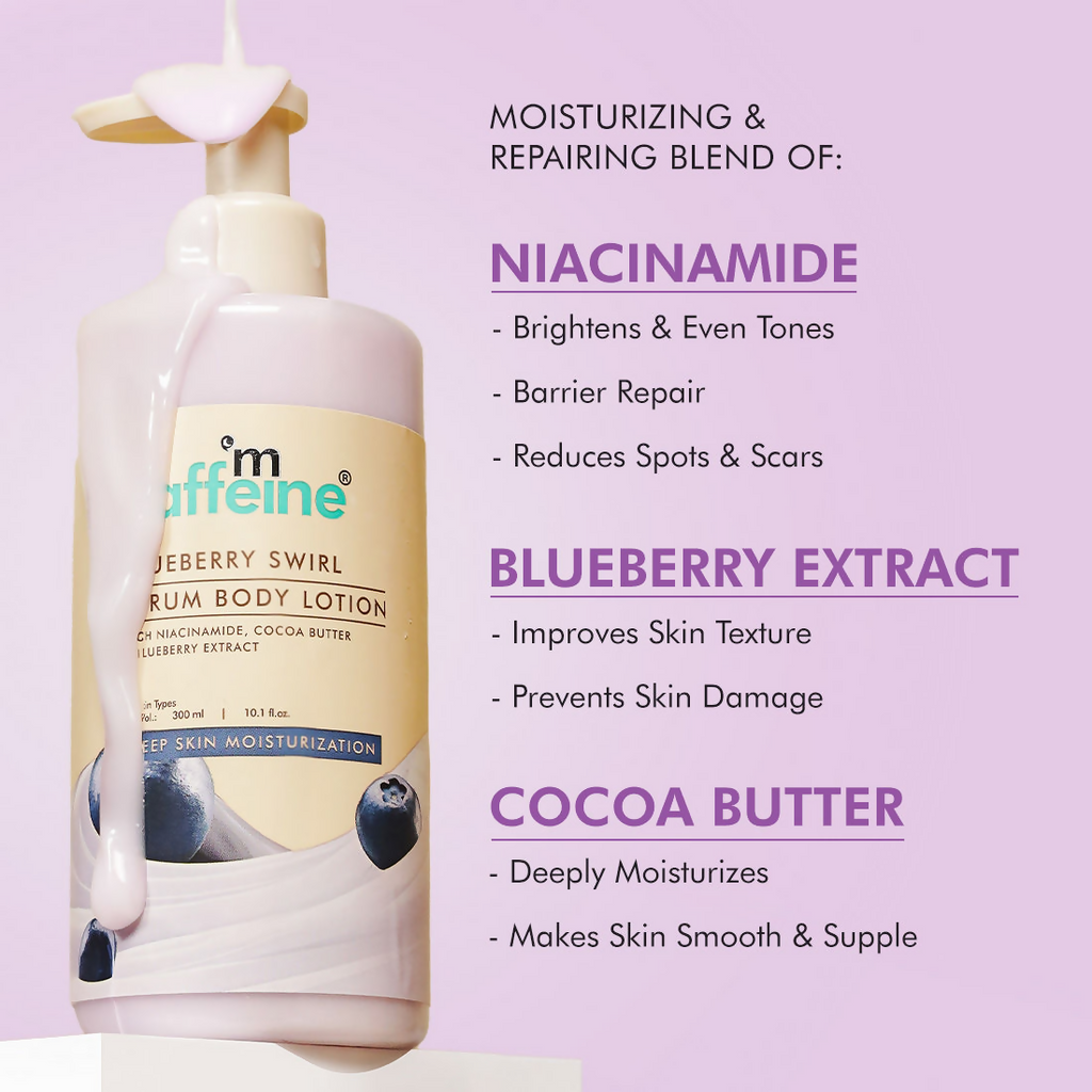 mCaffeine Blueberry Swirl Serum Body Lotion 72 hrs Deep Moisturization With Niacinamide | Grocsy