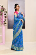Piyari Fashion Women's Sky Blue Embellished Cotton Blend Printed Saree | Grocsy