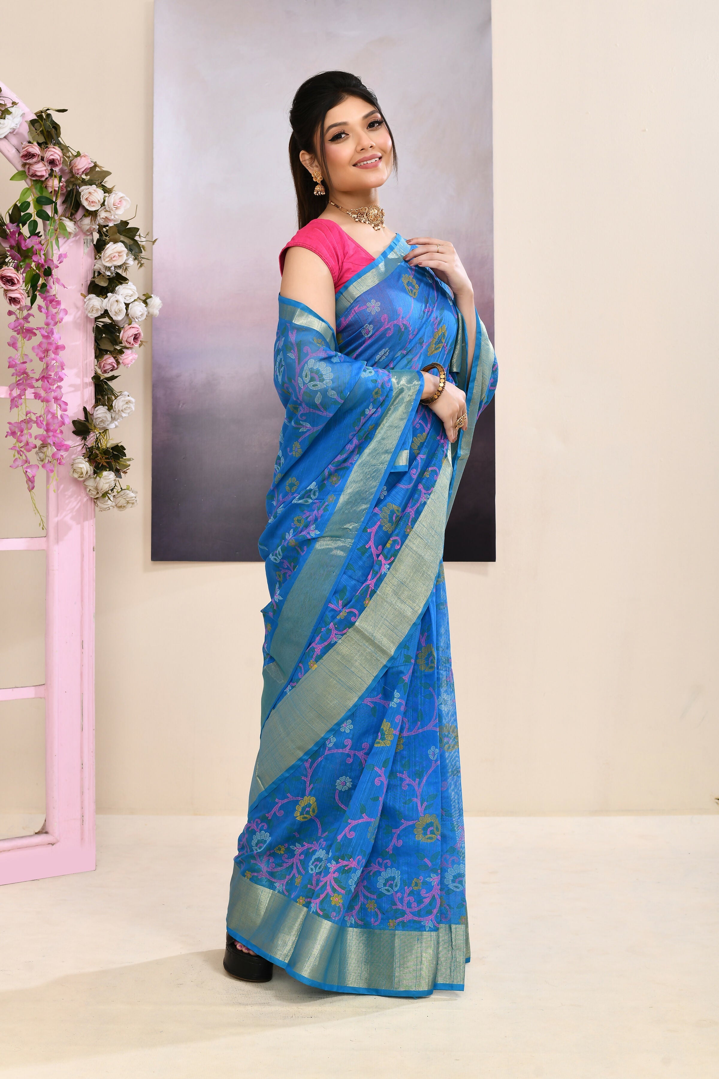 Piyari Fashion Women's Sky Blue Embellished Cotton Blend Printed Saree | Grocsy