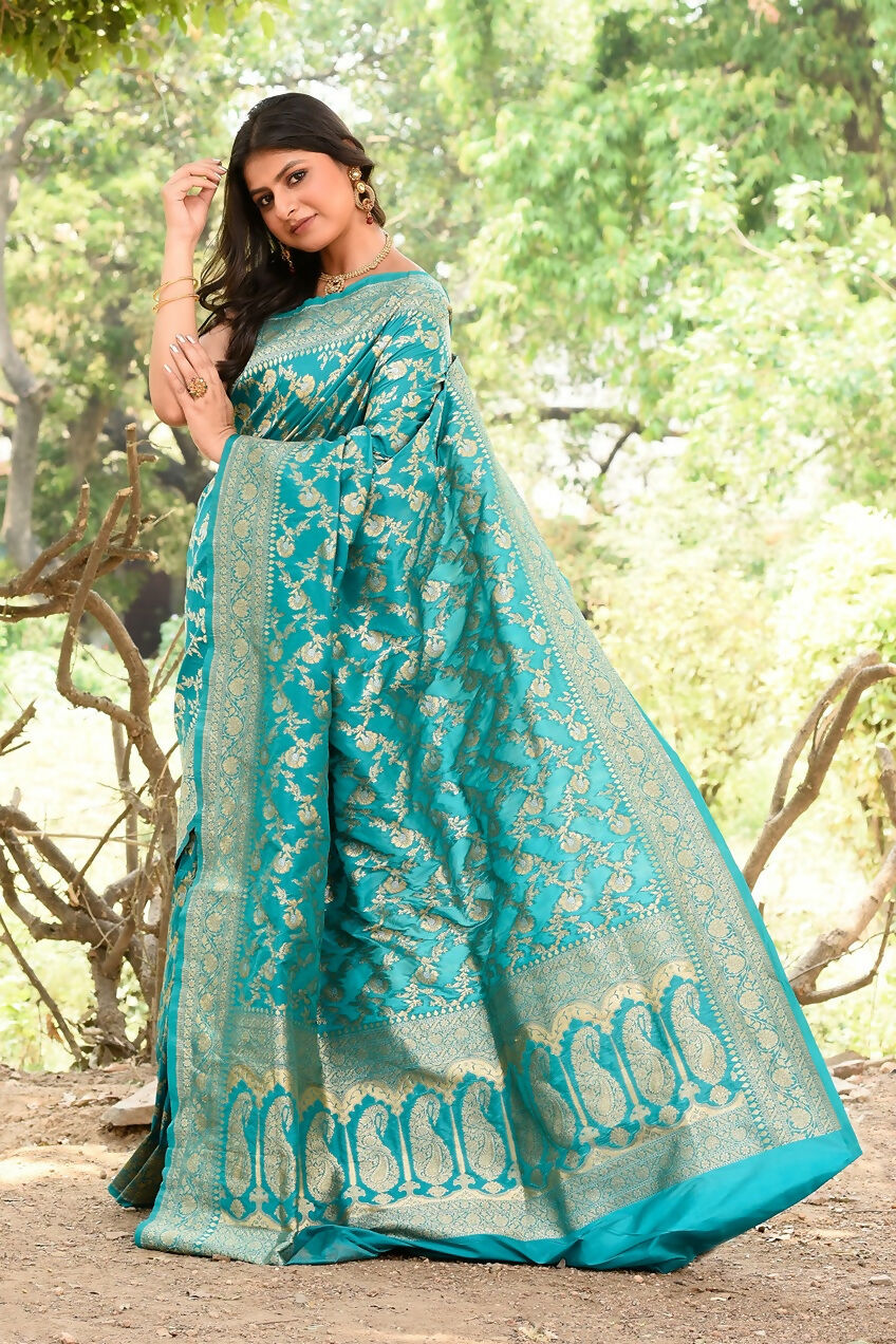 Joban Fashion Green Banarasi Soft Pure Handloom Banarasi Silk Saree | Grocsy