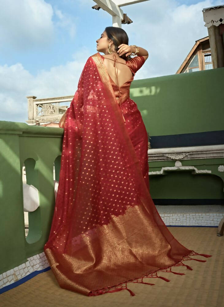 Delightful Designer Maroon Color Organza Silk Saree With Weaving Work - Yomika Fashions | Grocsy