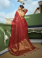 Delightful Designer Maroon Color Organza Silk Saree With Weaving Work - Yomika Fashions | Grocsy